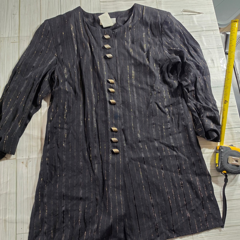 Pride & Joy Vintage Black Gold Metallic Lurex Pinstripe Button Tunic Top 8M